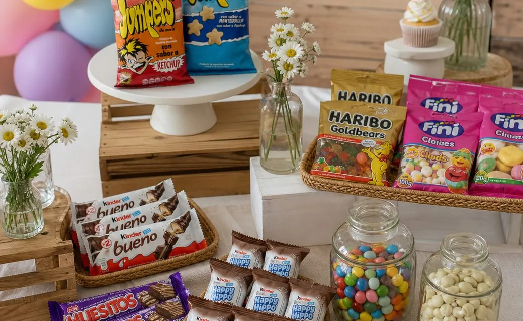 Referencia visual: Candy bar de cumpleaños infantil con chuches, chocolatinas y snacks de marca