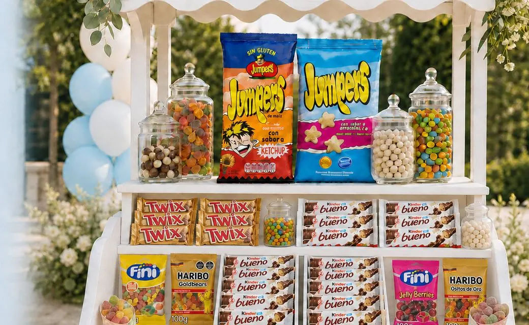 Referencia visual: Kiosko de chuches en una comunión con gominolas, chocolatinas y snacks de marca
