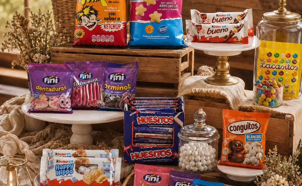 Referencia visual de una mesa dulce de boda con recipientes y dulces